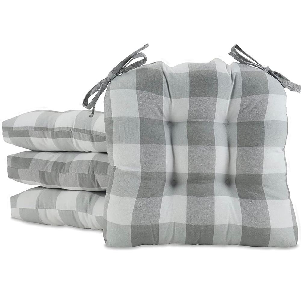 Arlee Buffalo Checks, Fiber Filled Chair Pads Tiebacks, 14”L x 15’’W, Gray 4 Ct